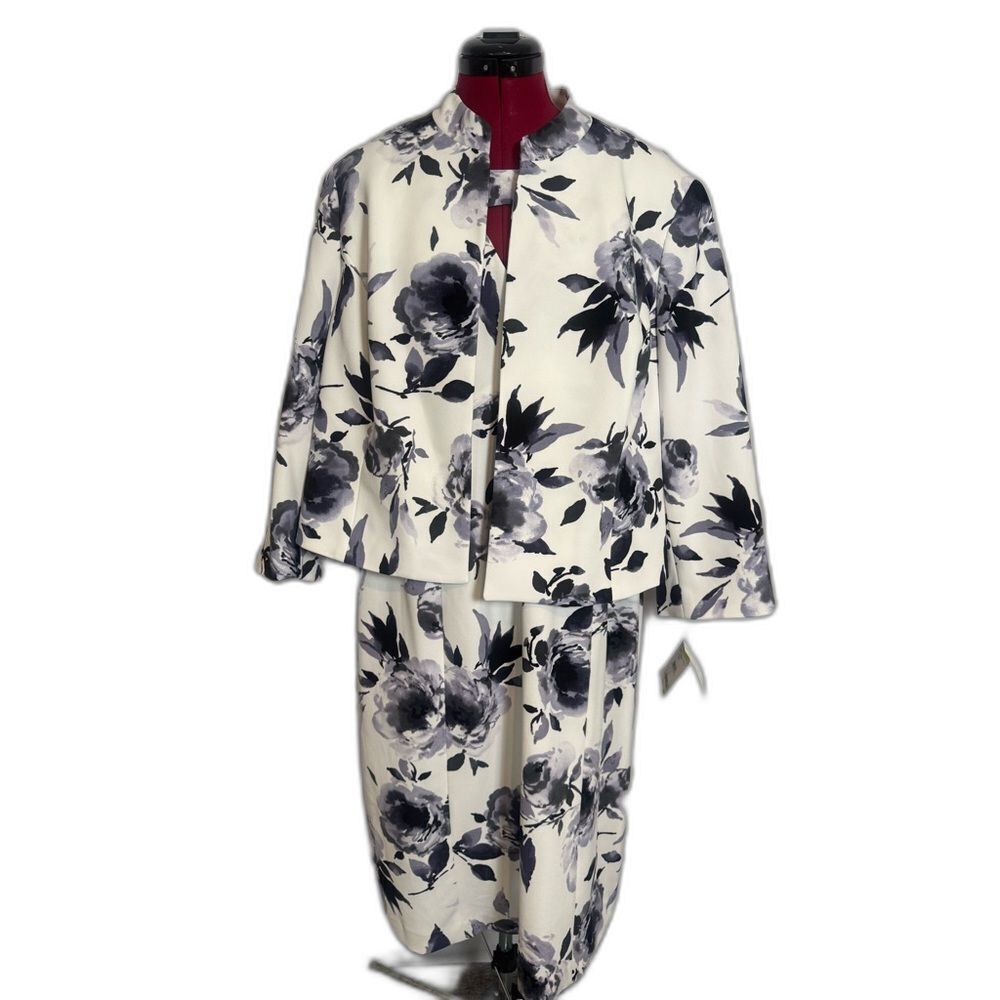 NWT Kasper Jacket Dress Size 18W White/Gray Floral 2-Piece Set Blazer & Dress